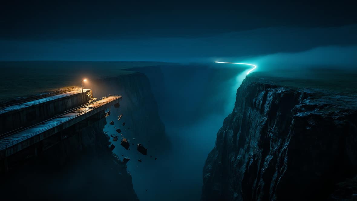 A causeway lit by one failing lamp runs out to a broken terminus above a dark canyon, its rubble falling into the fog below. Across the gap, a continuous ribbon of teal light rises out of the far rock shelf and climbs past the canyon rim.